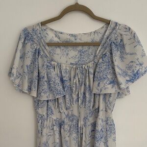 Blue Toile Floral Ruffle Midi Dress